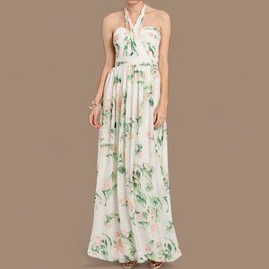 CAMILLE LE VIE Floral Chiffon Print Tie Neck Halter Maxi Dress Gown